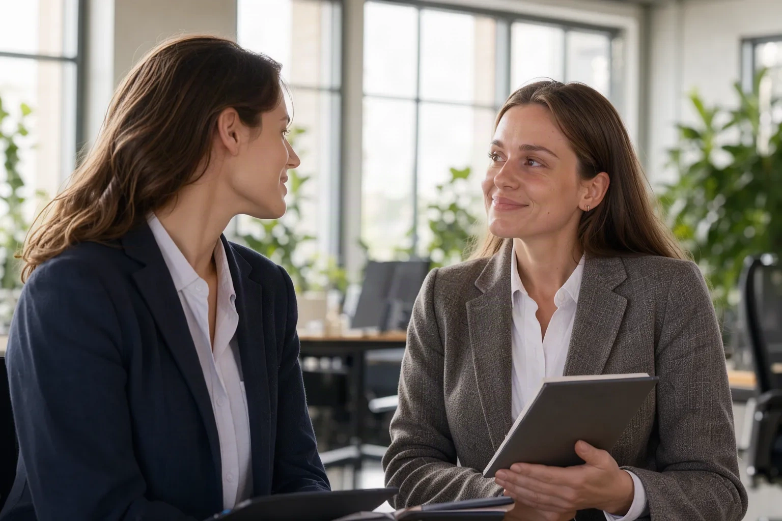 Deux professionnels échangent dans un bureau lumineux, l'un écoute attentivement