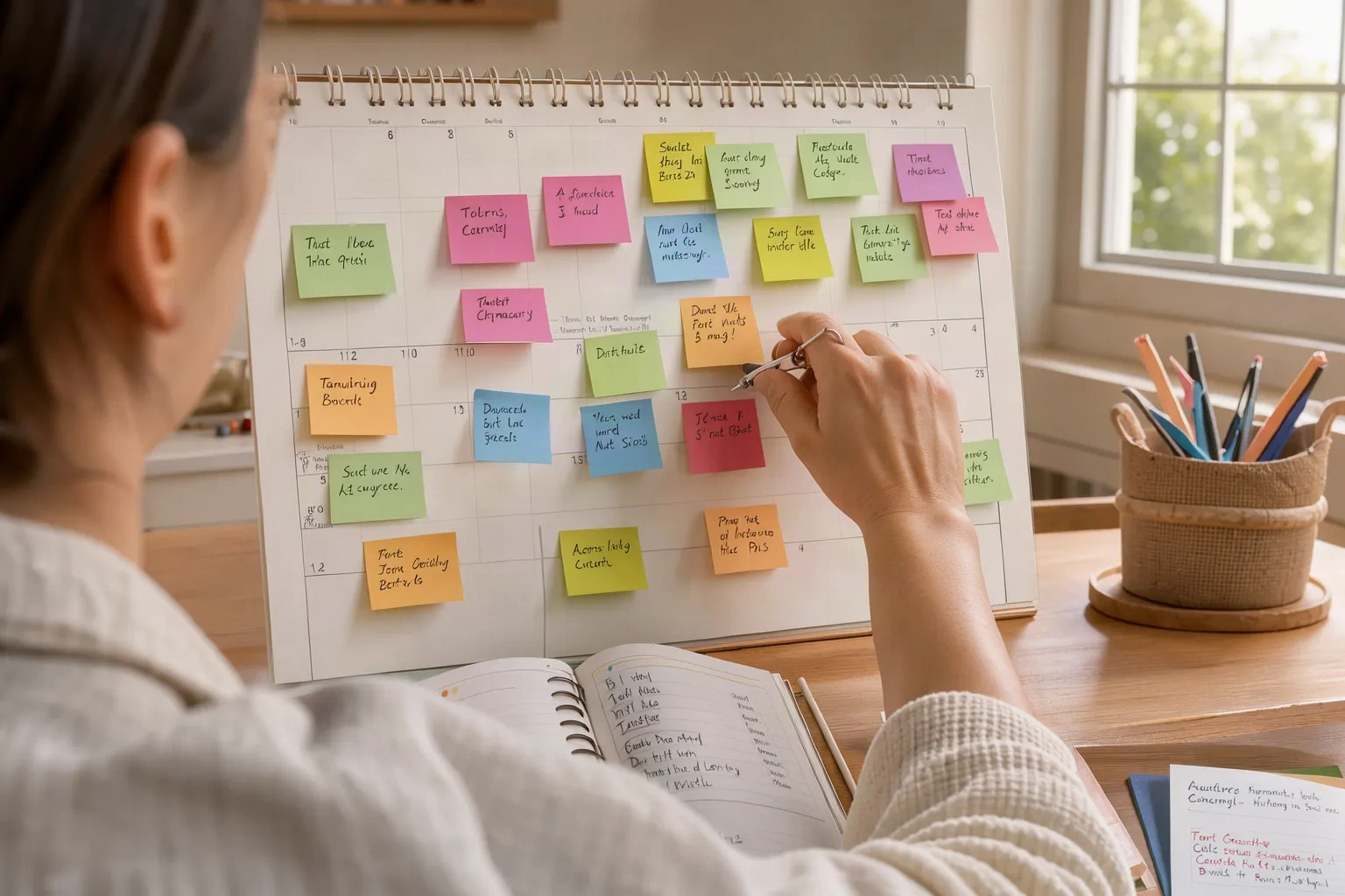 Un professionnel organise ses tâches avec des notes colorées