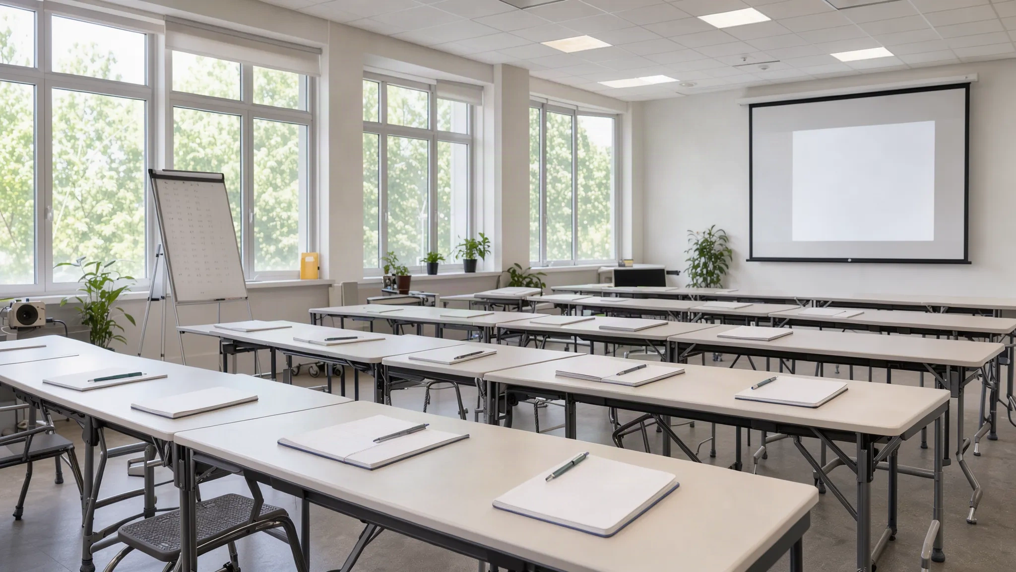 Salle de formation lumineuse préparée pour une session, avec tables, notes et vidéoprojecteur