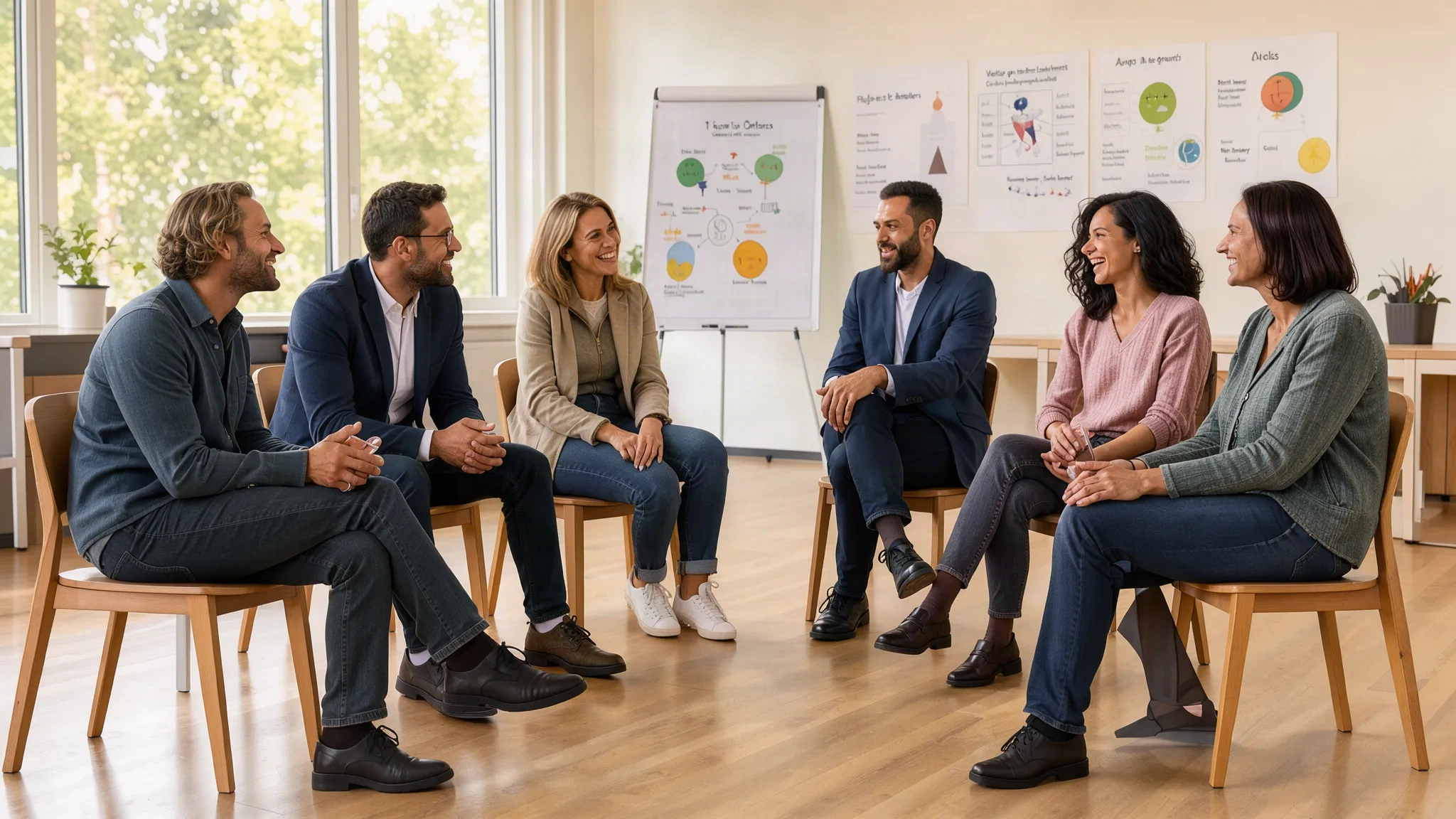 Session de formation en compétences douces à Paris : un petit groupe de professionnels échange en cercle
