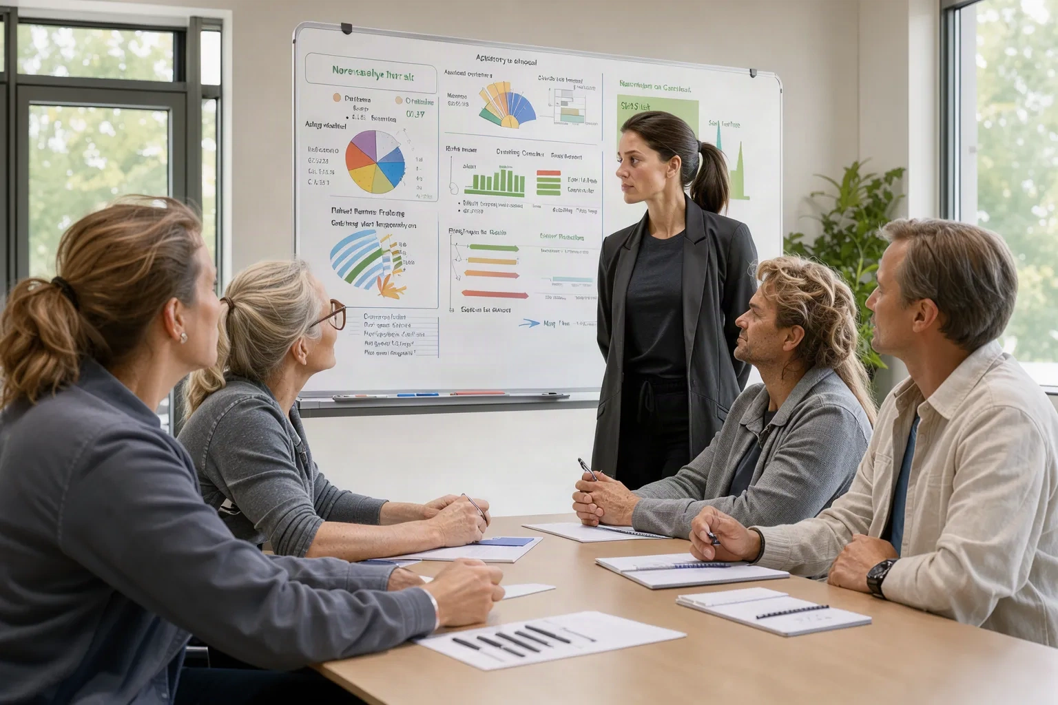 Formatrice animant une session de formation au tableau blanc dans une salle claire